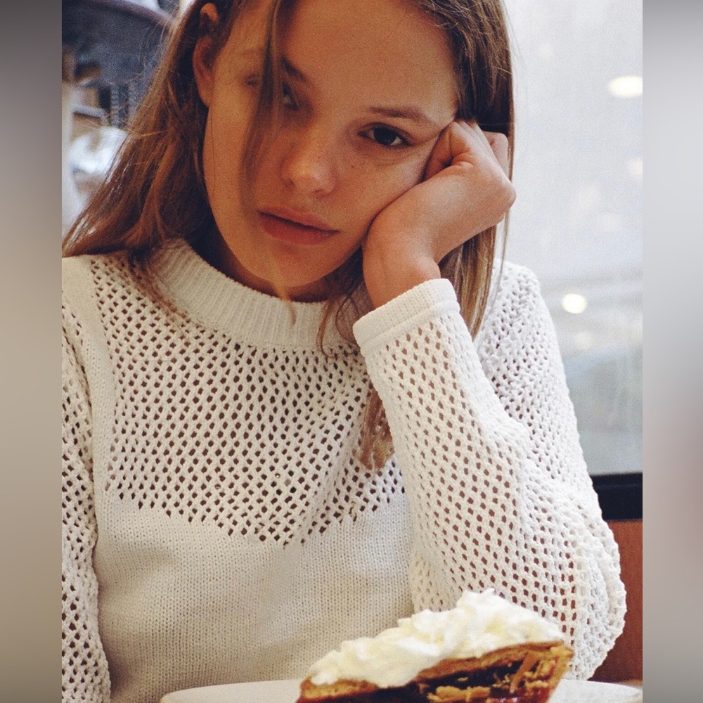 Zara Perforated Chenille Mock Neck top S Ecru